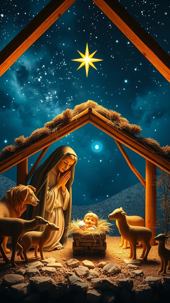 Pesebre navideño con el nacimiento de Jesús, rodeado de María, José y pastores bajo un cielo estrellado.